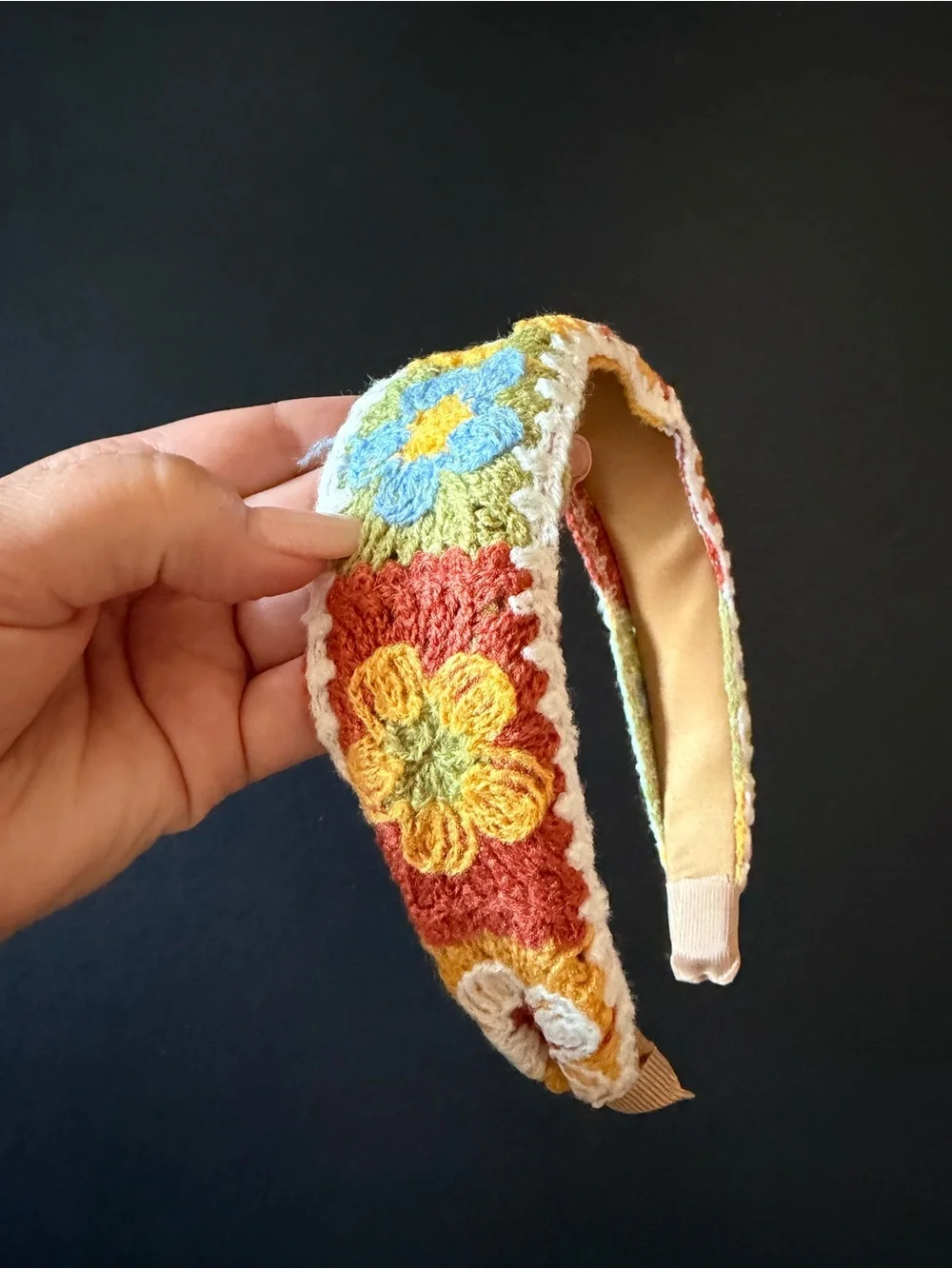 Bohemian knit headband, floral patchwork, multi color. NEW